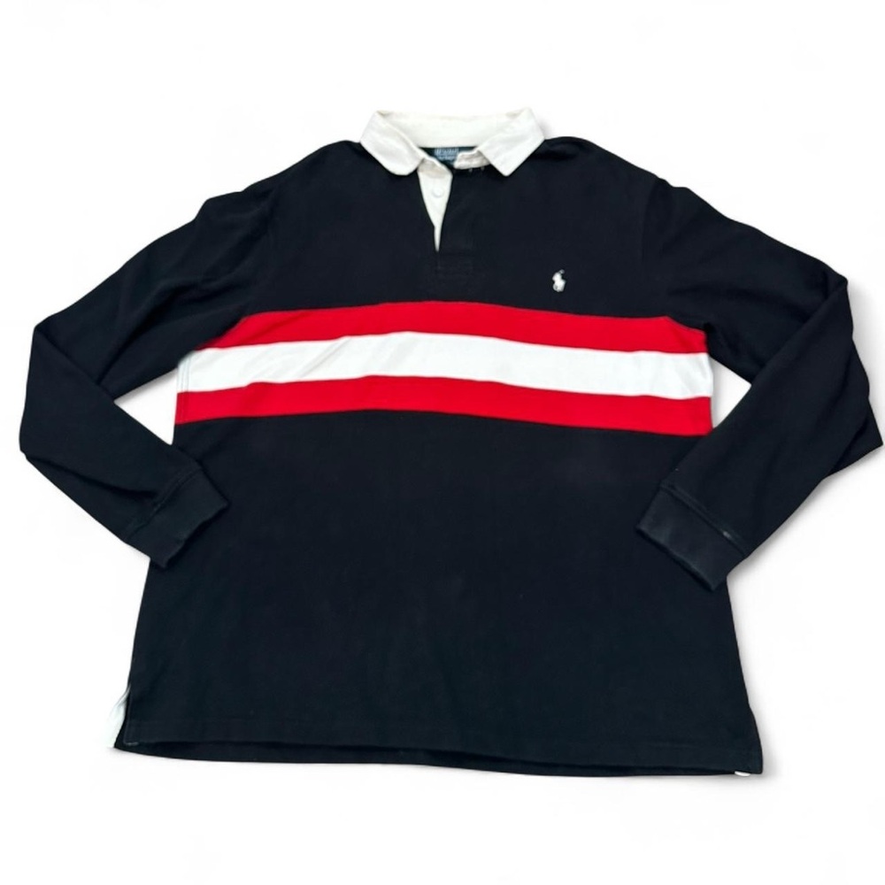 Polo Ralph Lauren Men’s Black Red Striped Cotton Rugby Long Sleeve Shirt XLT